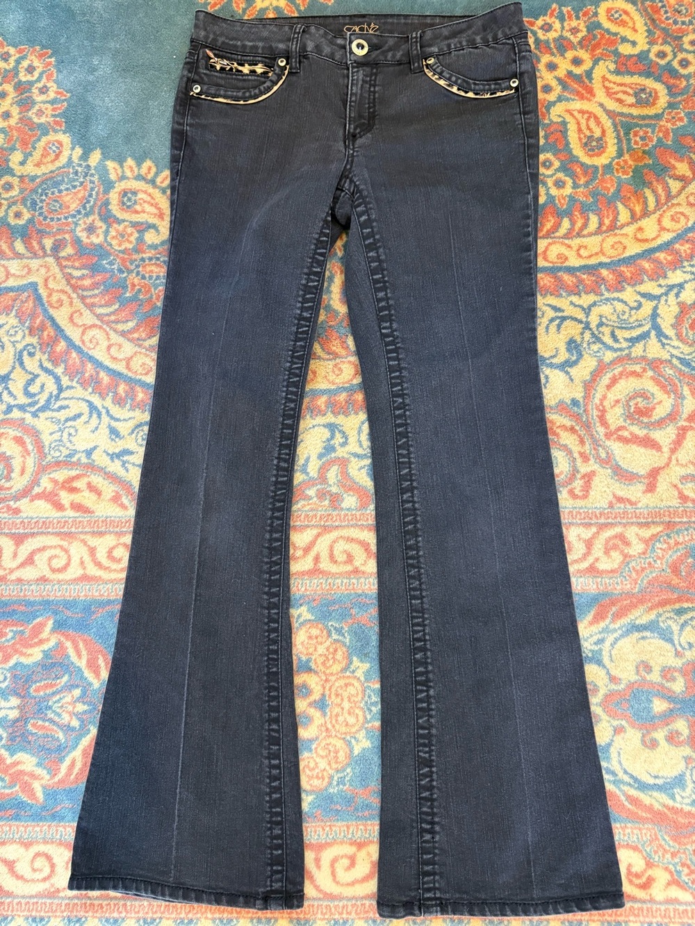 Vintage Cache black bootcut flare jean animal print trim size 4